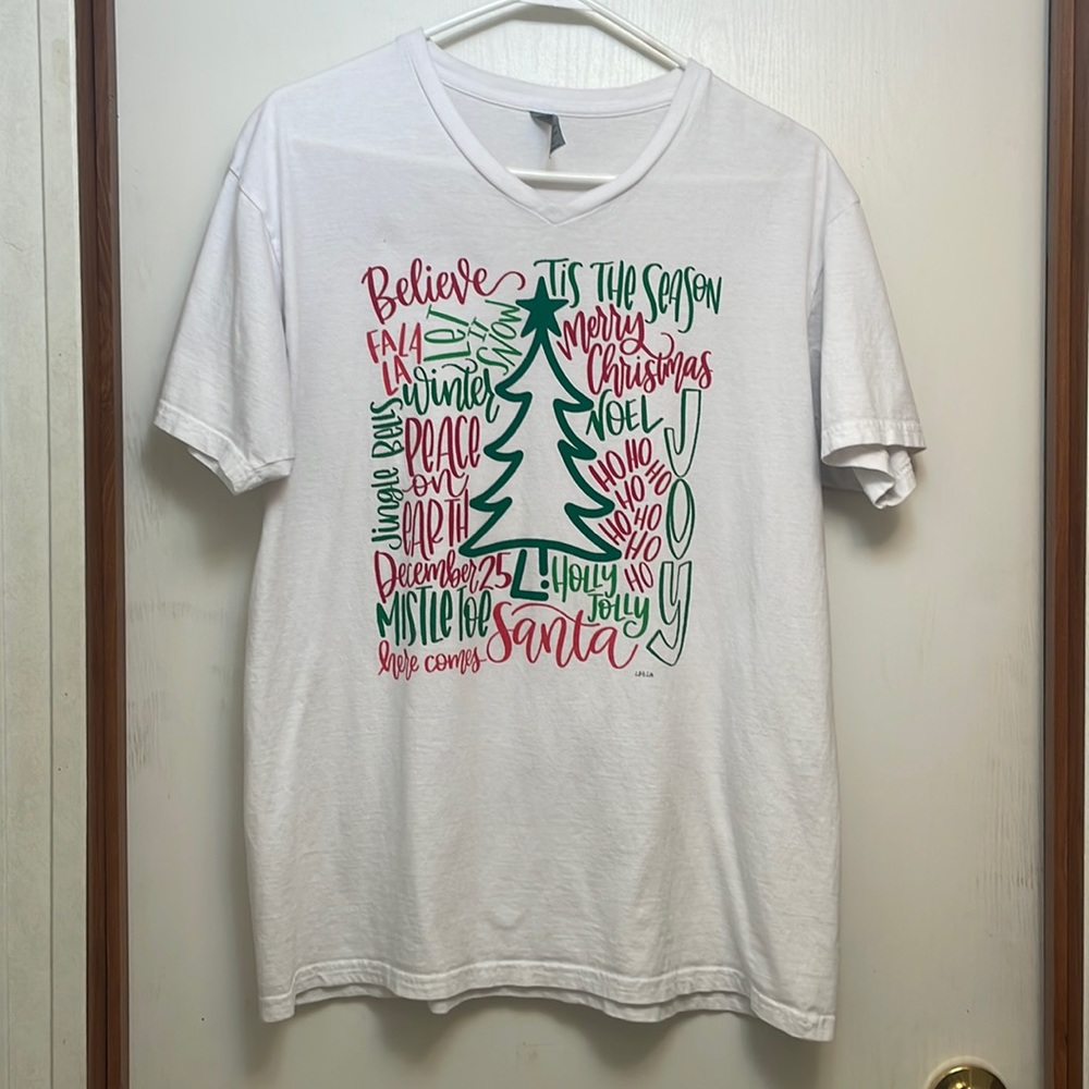 Christmas V-neck white T-shirt women’s size large. 100% ringspun cotton.